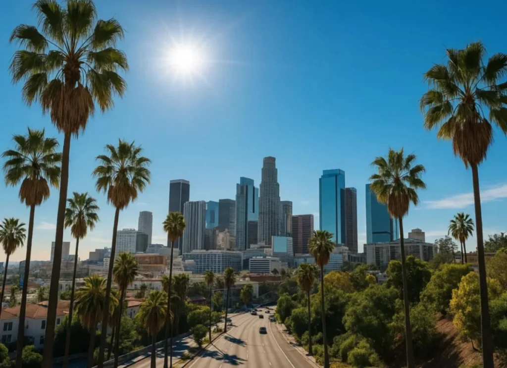Vista clássica de Downtown Los Angeles com palmeiras típicas da Califórnia.