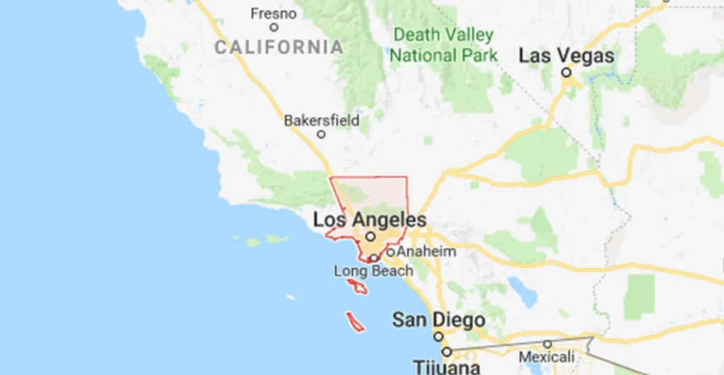 Mapa da cidade de Los Angeles e sua localização no sul da Califórnia.