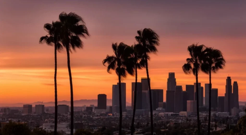Pôr do sol sobre Downtown Los Angeles com palmeiras características da cidade.