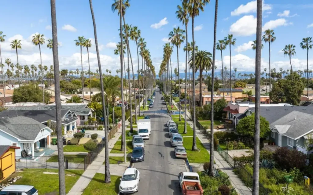 Bairro residencial de Los Angeles com suas tradicionais ruas ladeadas por palmeiras.
