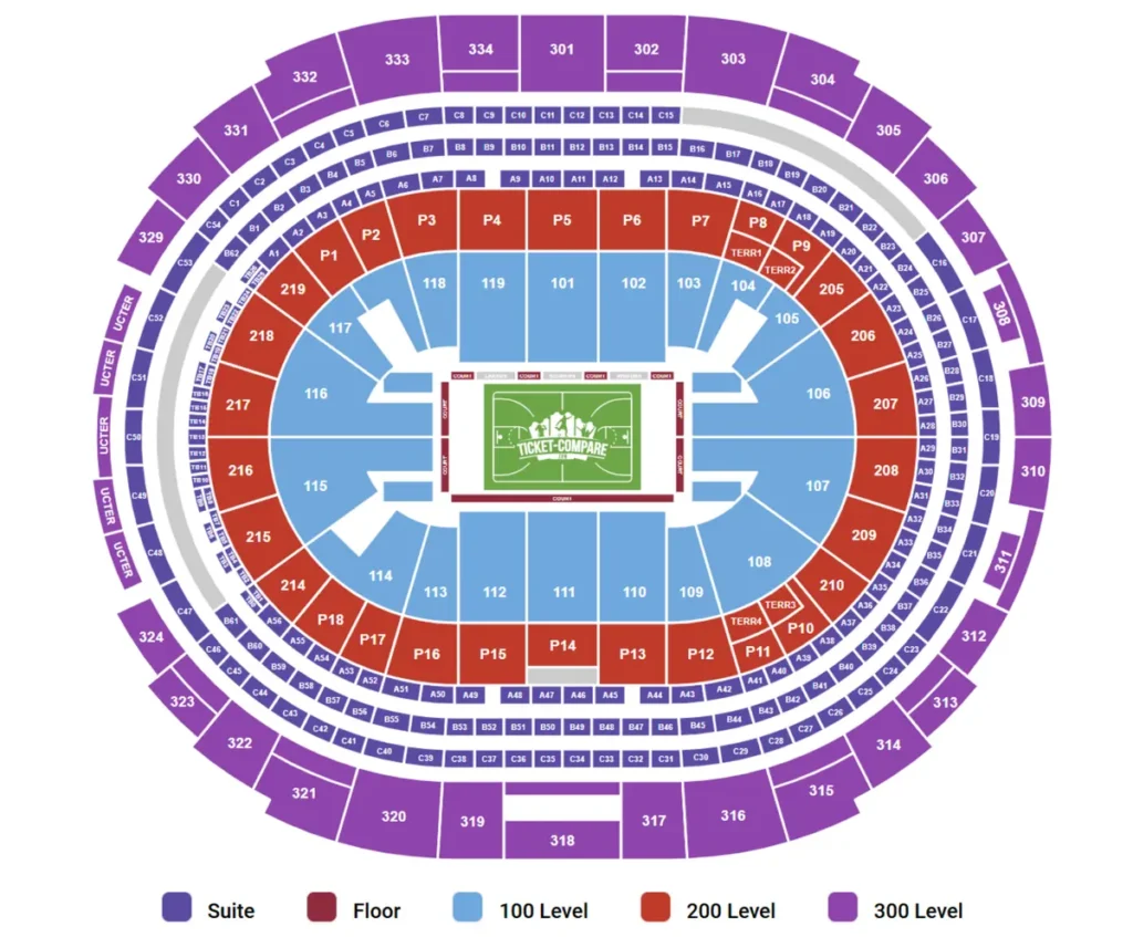 Mapa de assentos da Crypto.com Arena, casa do Los Angeles Lakers.